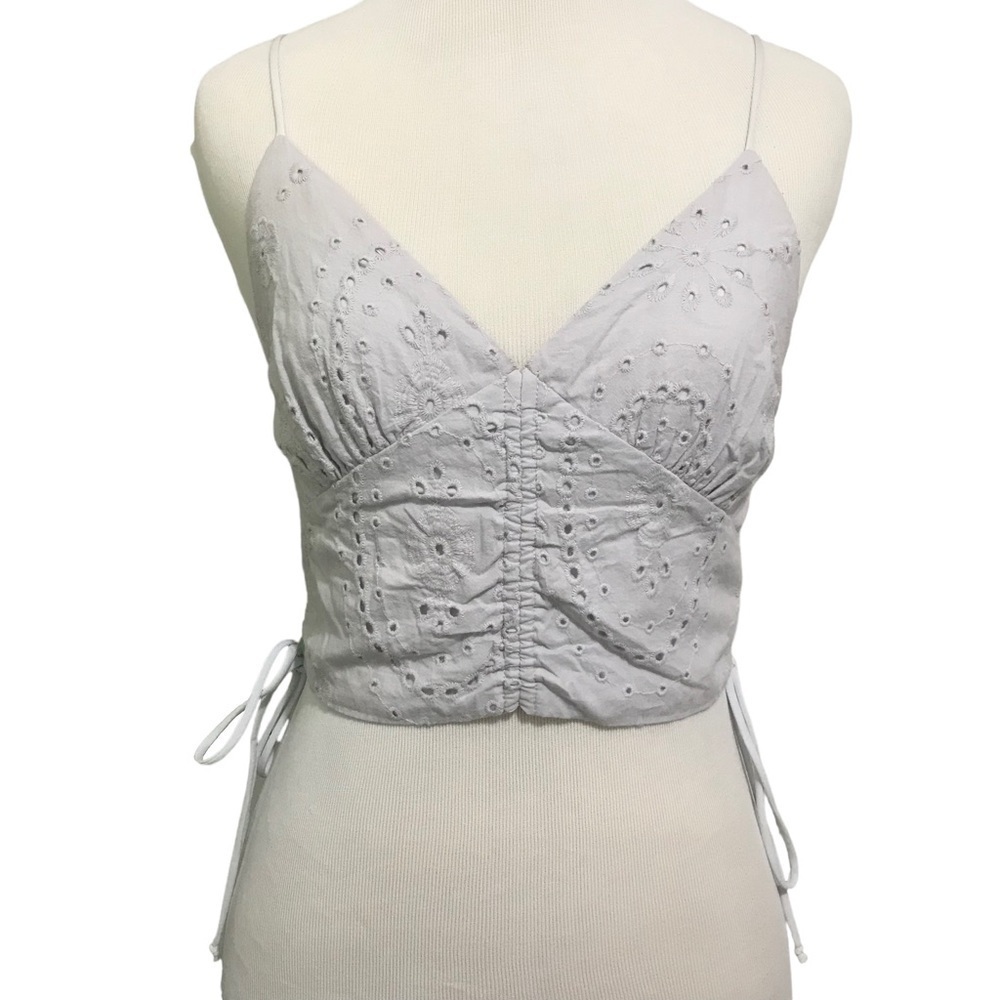 Sky To Moon Rouched Eyelet Cropped Tank Top Size Medium Zip Up Smocked Back